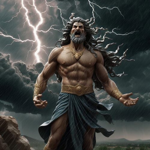 Hadad_ depicted in dynamic art as the storm and thunder god, symbolizing power, rain, and fertility.