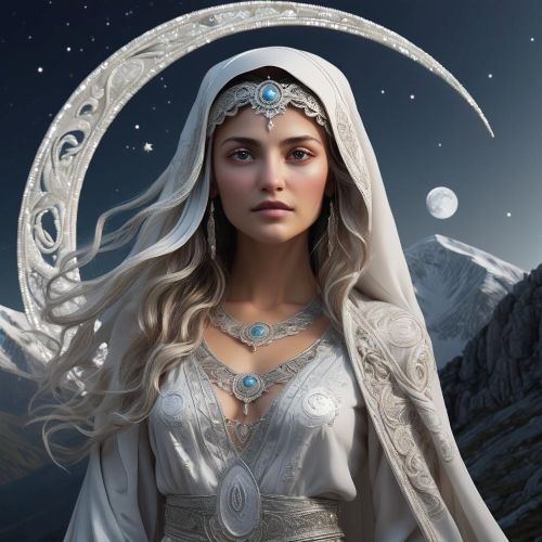 Hana, the Albanian Moon goddess. She appears as a radiant woman cloaked in silver light, standing beneath a crescent moon.