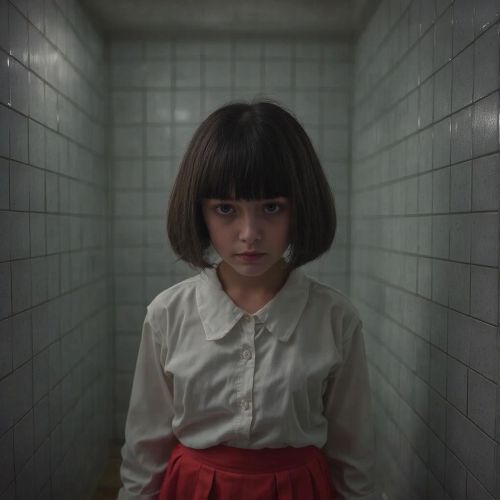 Hanako-san depicted in mythic art as a haunting school spirit from Japanese folklore.