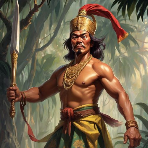 Hang Tuah depicted in mythic art as a heroic warrior symbolizing loyalty, bravery, and honor.