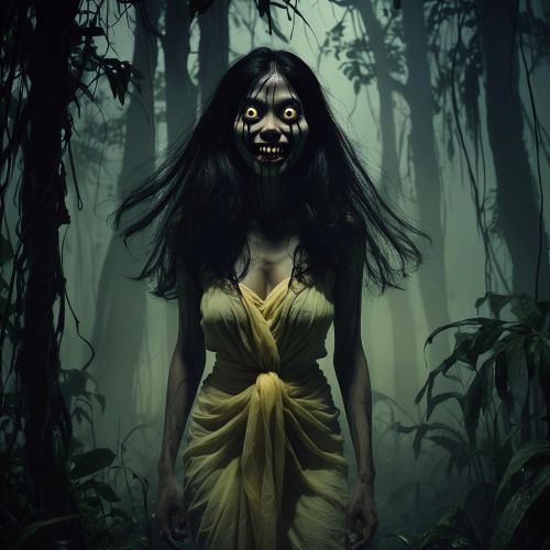 Hantu Tetek depicted as a frightening supernatural figure embodying fear, deception, and dark jungle folklore