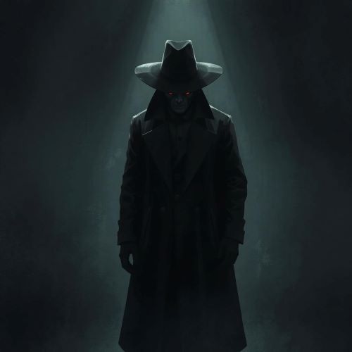 Hat Man depicted in mythic art as a dark, faceless entity symbolizing fear and the unknown.