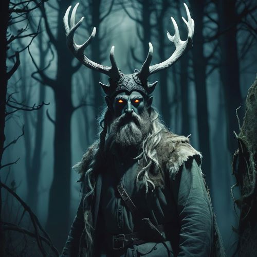 Herne the Hunter depicted in mythic art as a horned spectral huntsman symbolizing wilderness, fate, and the spirit of the forest.