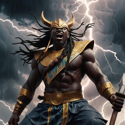 "Hevioso, the God of Thunder, summoning lightning in a dramatic stormy scene."