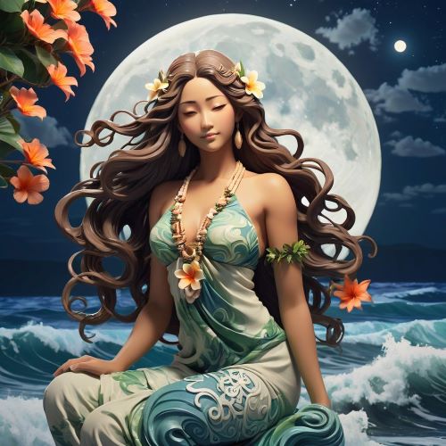 Hina depicted in serene art as a moon goddess embodying fertility, creation, and calm night skies.