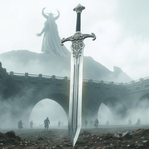 Hofund depicted in dramatic art as a legendary sword symbolizing heroism, strength, and divine justice.