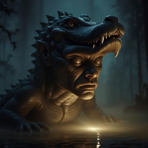 Hombre Caimán depicted as a half-man, half-caiman figure embodying transformation, curse, and riverborne myth