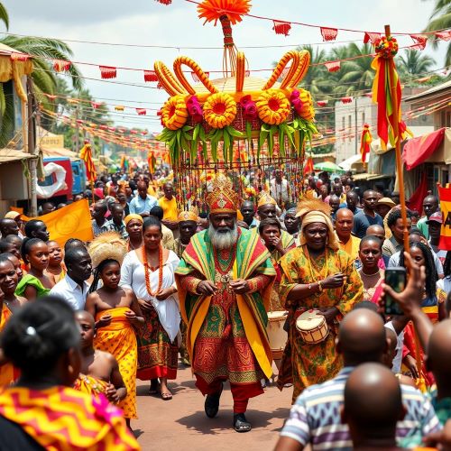 Homowo depicted in mythic art as a vibrant celebration symbolizing abundance, community, and ancestral remembrance.