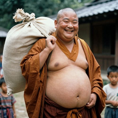 Hotei standing outdoors with a glowing smile