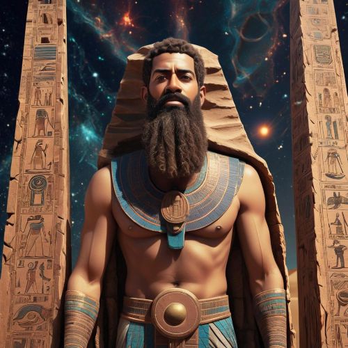 an image of Hu from Egyptian mythology depicted as a bearded man, standing aboard the solar bark of Ra