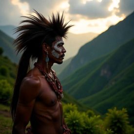Mythlok - Huli_ scene inspired by Huli mythology: Papua New Guinea highlands at sunrise, green valleys beneath dramatic mountains.