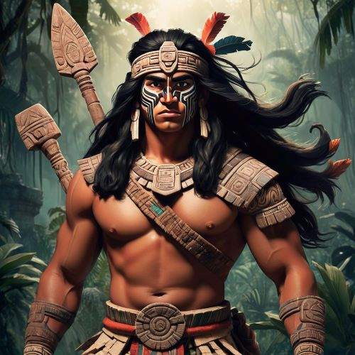 Hunapu depicted in vibrant art as a heroic maize god symbolizing courage, duality, and creation.