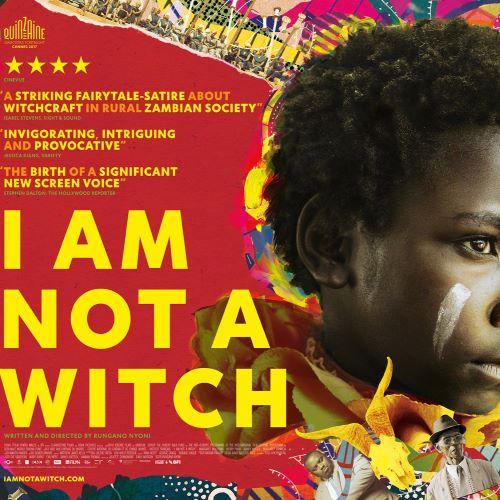 I Am Not a Witch depicted in stark visual style as a young girl trapped by superstition, power, and absurd tradition.