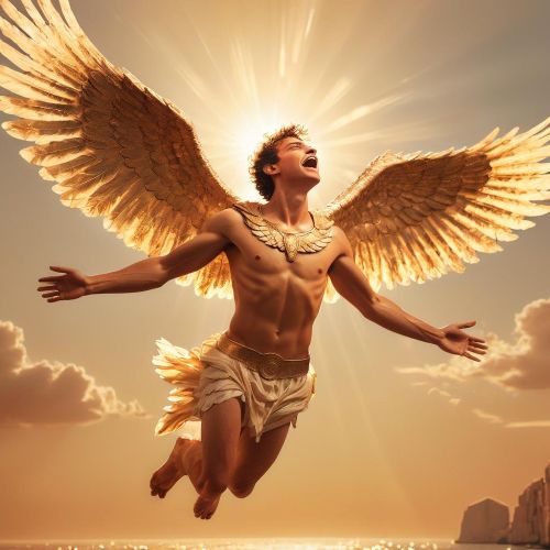 Depiction of Icarus falling from the sky as his wings melt.