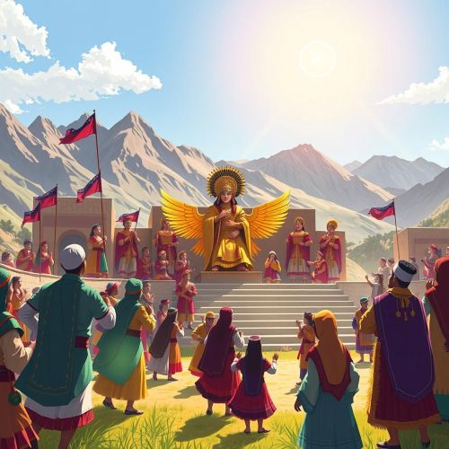 Inti Raymi depicted in mythic art as a sacred festival honoring the sun god and renewal.