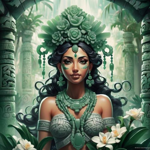 Ix Tub Tun depicted in mystical art as a sacred Mayan deity symbolizing fertility, earth, and ritual wisdom.