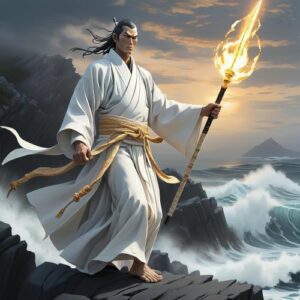 Image of the Japanese Creator God Izanagi standing on the shores of Japan