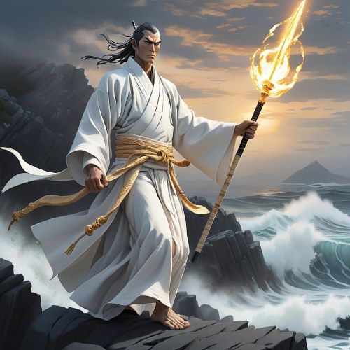 Image of the Japanese Creator God Izanagi standing on the shores of Japan