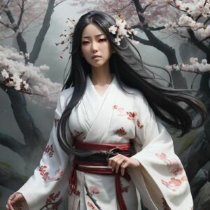 Japanese goddess Izanami standing in a Japanese forest