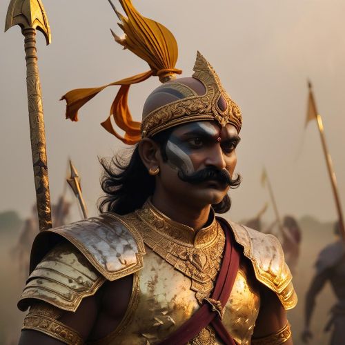 Jayadratha, King of Sindhu, standing in a battlefield at dusk, wearing ornate armor with a partially shaved head