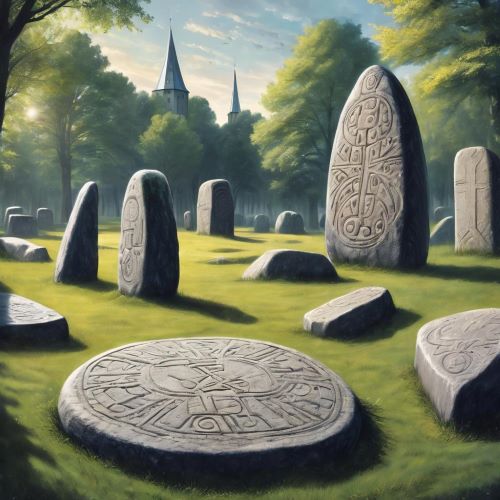 Jelling Stones depicted in mythic art as ancient rune stones symbolizing Viking kingship and the birth of Denmark.