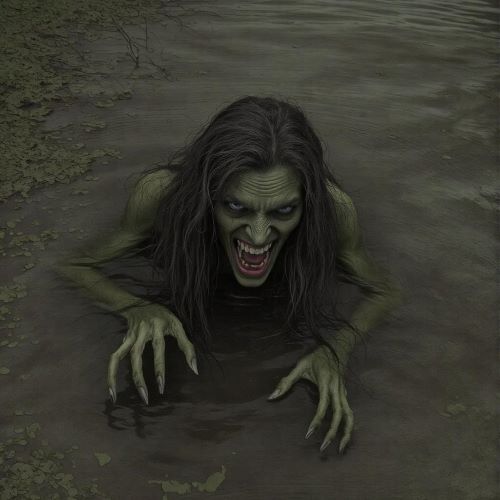Jenny Greenteeth depicted in mythic art as a sinister water spirit lurking in rivers and ponds.