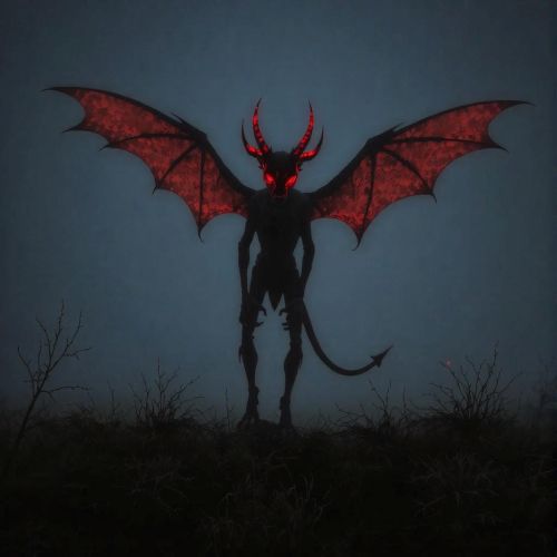 Depiction of the Jersey Devil, a winged, horned creature with glowing eyes, lurking in a dark forest.