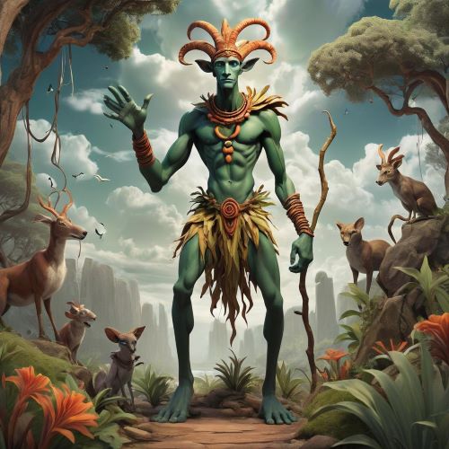 Kaggeen depicted in dynamic art as a shadowy trickster spirit embodying mischief and cunning.