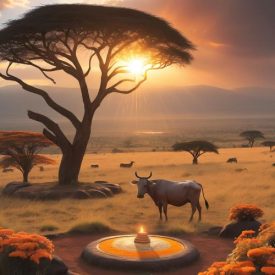 Mythlok - Kalenjin_ A golden Rift Valley landscape at sunrise representing Kalenjin mythology