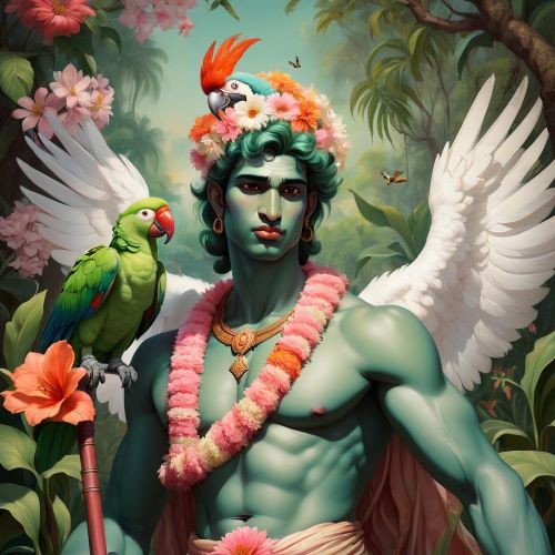 Image of the Hindu god of love and desire, Kamadeva, wielding his floral bow and arrows.