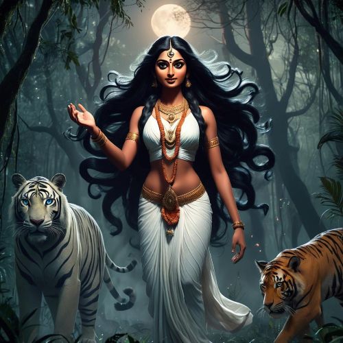 an image of Karineeli, the yakshi goddess of Kerala, standing in the moonlit Kalladikode forest.