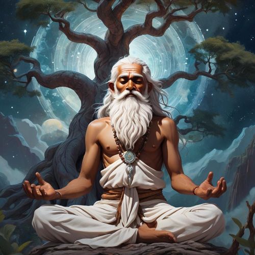 Kashyapa, the ancient Indian sage, seated in meditation under a celestial tree.