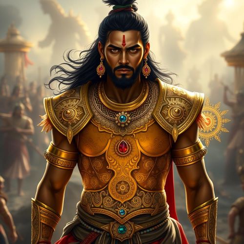 Kavacha and Kundala depicted in vibrant art as mystical protective talismans symbolizing strength and divine protecti