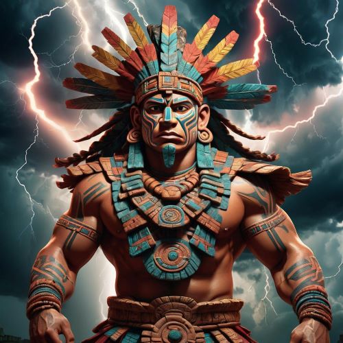 Kawil depicted in dynamic art as a storm god embodying lightning, fertility, and cosmic power.