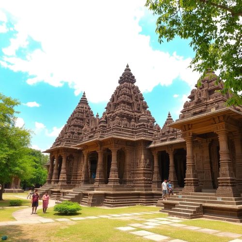 Khajuraho depicted in mythic art as ancient temple architecture symbolizing devotion, art, and spiritual expression.