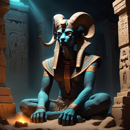 Kherty, the Egyptian underworld deity, as a mummified ram with glowing eyes