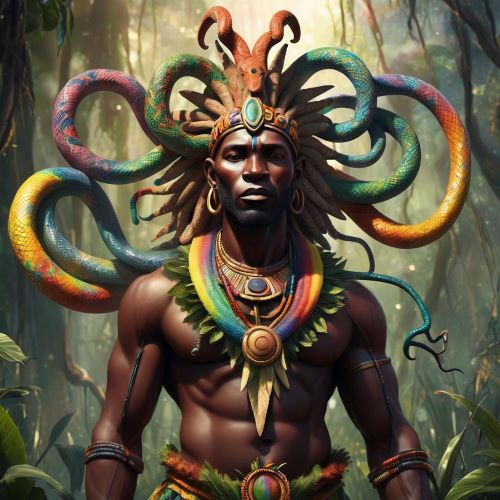 Khonvoum depicted in dynamic art as the powerful thunder god symbolizing storms, justice, and protection.