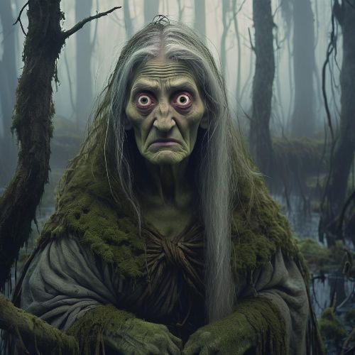 "Kikimora, the dual-natured spirit, lurking in a shadowy forest with a mysterious aura."