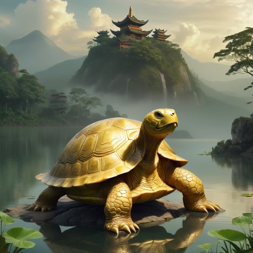 Kim Quy depicted in dynamic art as a legendary turtle spirit symbolizing wisdom, protection, and mystical guardianship.