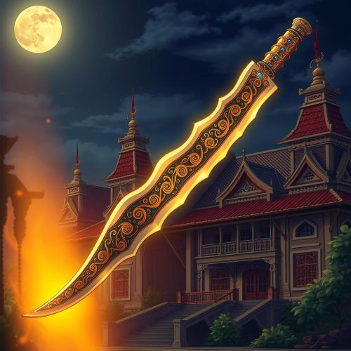 Kris depicted in mythic art as a sacred Southeast Asian dagger symbolizing power, protection, and spiritual energy.