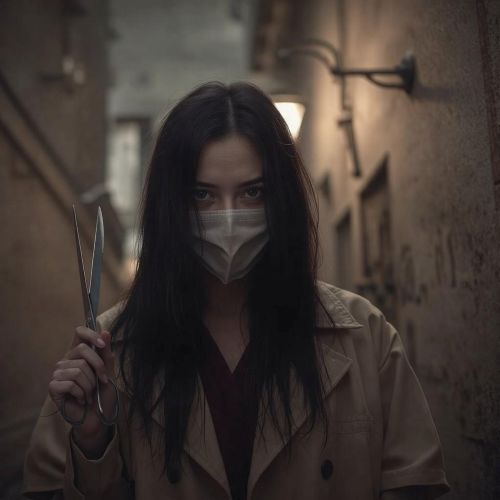 Depiction of Kuchisake Onna, the slit-mouthed woman from Japanese urban legend, wearing a mask.