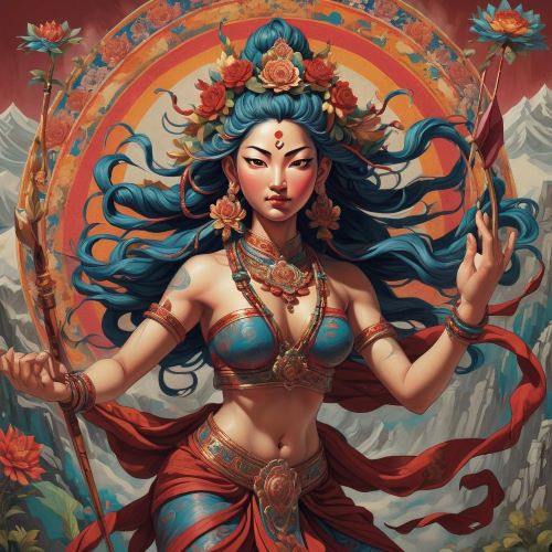 Kurukulla depicted in vibrant art as a fierce goddess of passion, power, and transformative energy.