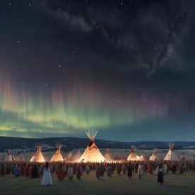 Mythlok - Lakota_ A cultural scene inspired by Lakota mythology: the Black Hills rising in the background under a wide sky filled with stars and auroras