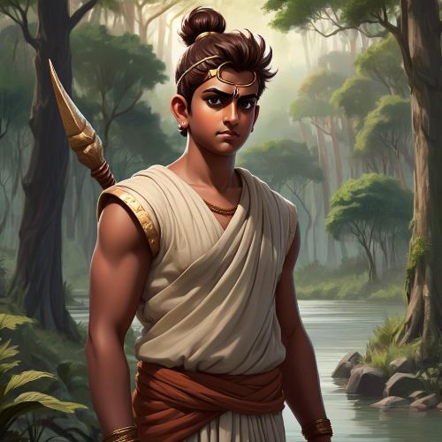 akshmana from Indian mythology—depicted as a youthful fair skinned warrior, standing in a forest setting during exile.