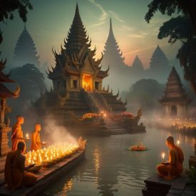 Mythlok - Laotian_ A mystical depiction of Laotian Mythology showing a temple on the banks of the Mekong River at dusk.