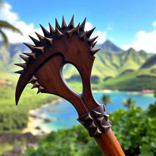 Leiomano depicted in mythic art as a shark-toothed club symbolizing strength, protection, and warrior skill.