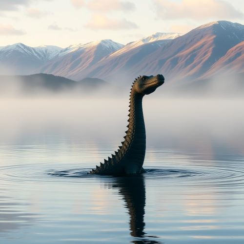 Loch Ness Monster illustrated in mythic art as a shadowy lake creature symbolizing mystery and ancient legend.