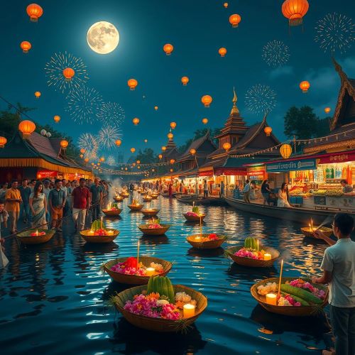 Loy Krathong depicted in mythic art as a luminous celebration of floating lanterns symbolizing gratitude, forgiveness, and renewal.