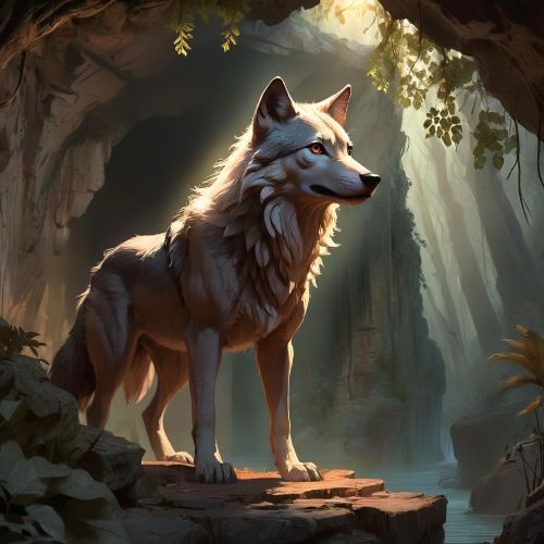 "Lupa, the Wolf Mother, guarding her wolf cubs in a forest scene."