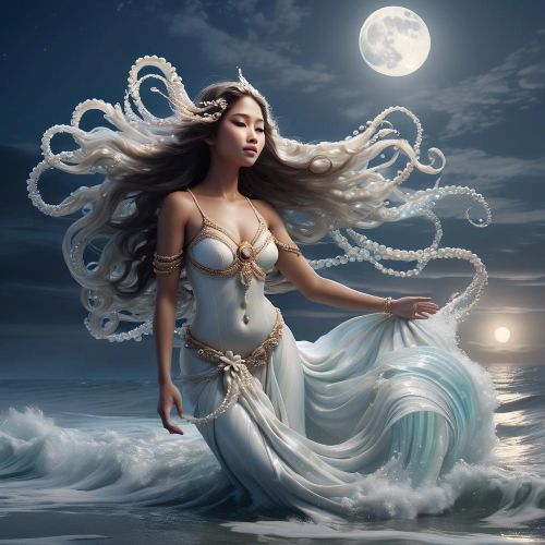 "Luyong Baybay, Goddess of Tides, summoning ocean waves with flowing robes and shimmering waters."